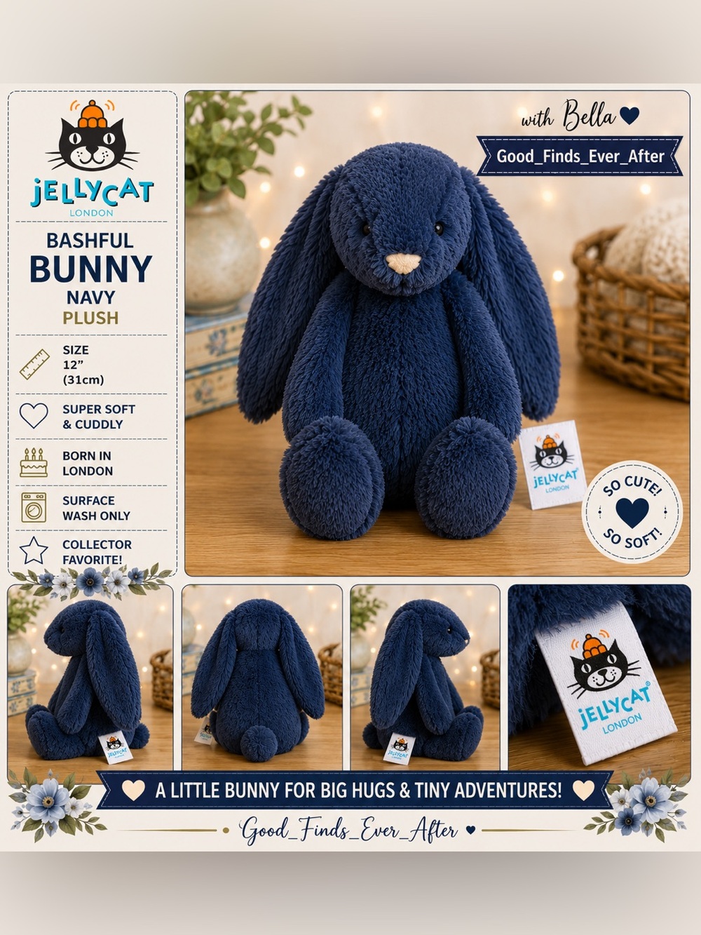Jellycat London Bashful Navy Bunny  Retired Soft Plush Rabbit 12’’Rare